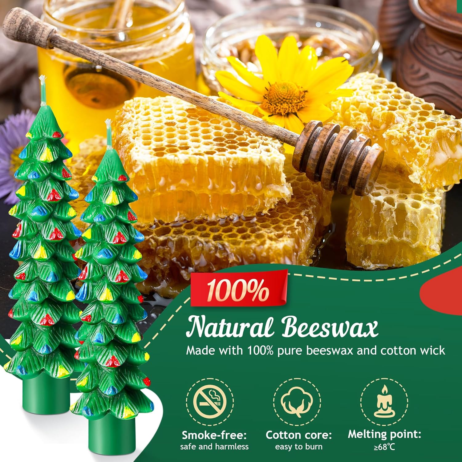 2 Pack Christmas Tree Candles, 5 Inch Unscented Tree Shaped Taper Beeswax Candles for Christmas Holiday Decor Table Centerpiece Display Party Banquet Gift (Green with Multicolor Trim)